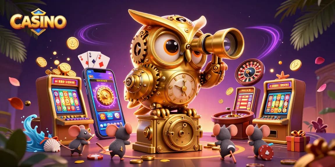 Experience the thrill of CASINO gaming with a vibrant 3D owl overseeing the action.