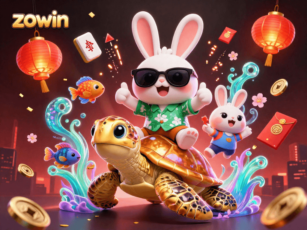 Experience the excitement of Zowin with a lucky rabbit and golden turtle in a vibrant casino scene.