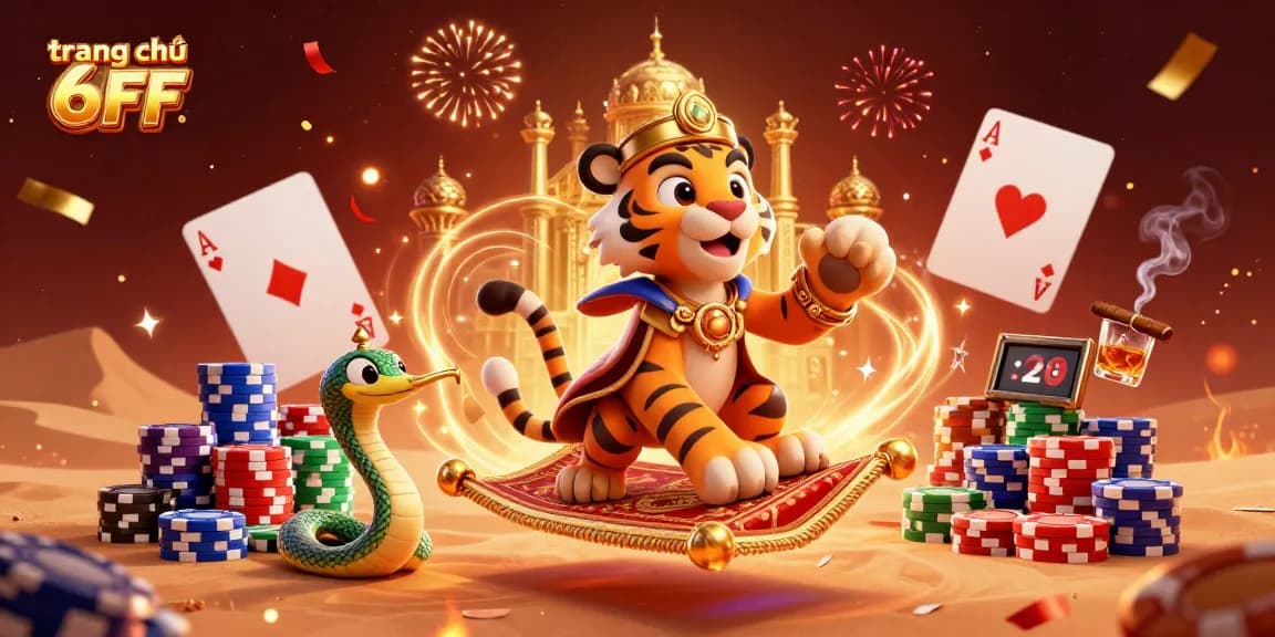 Experience the excitement of trang chủ 6FF with a vibrant casino-themed scene featuring a tiger sultan and magical elements.