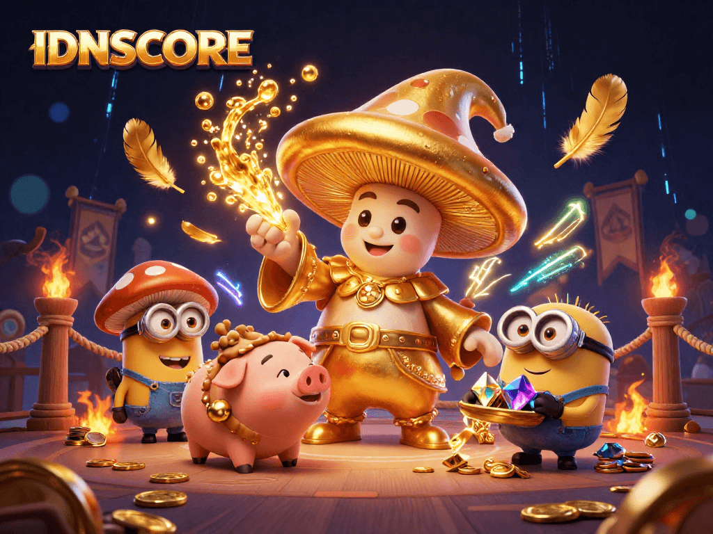 Experience thrilling gaming with IDNSCORE's vibrant 3D casino scene featuring dynamic characters and magical treasures.