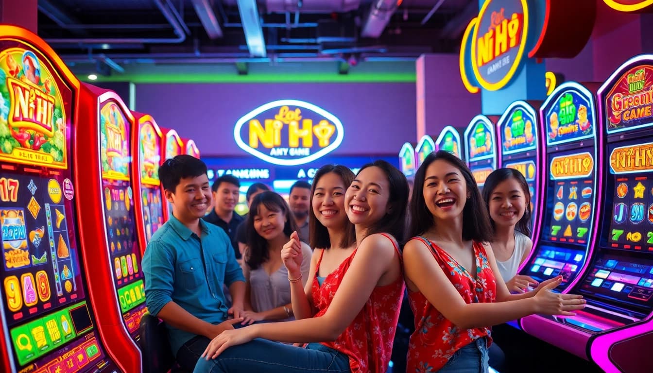 Nổ Hũ slot game scene in a vibrant arcade with excited players enjoying the experience