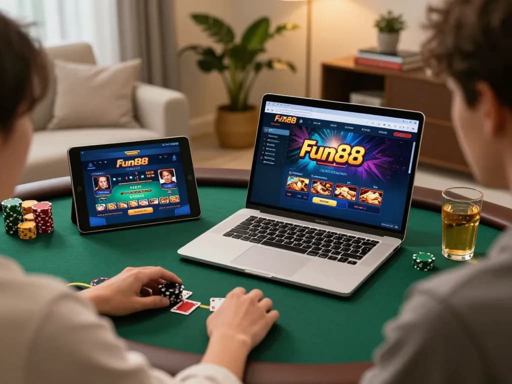 Fun88 user engaging in online poker while enjoying a home gaming setup with cozy ambiance.