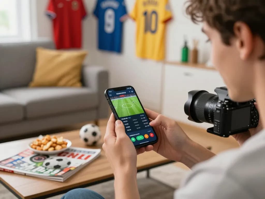 Person placing bets using uk88 com app on smartphone, exciting sports betting home setup.