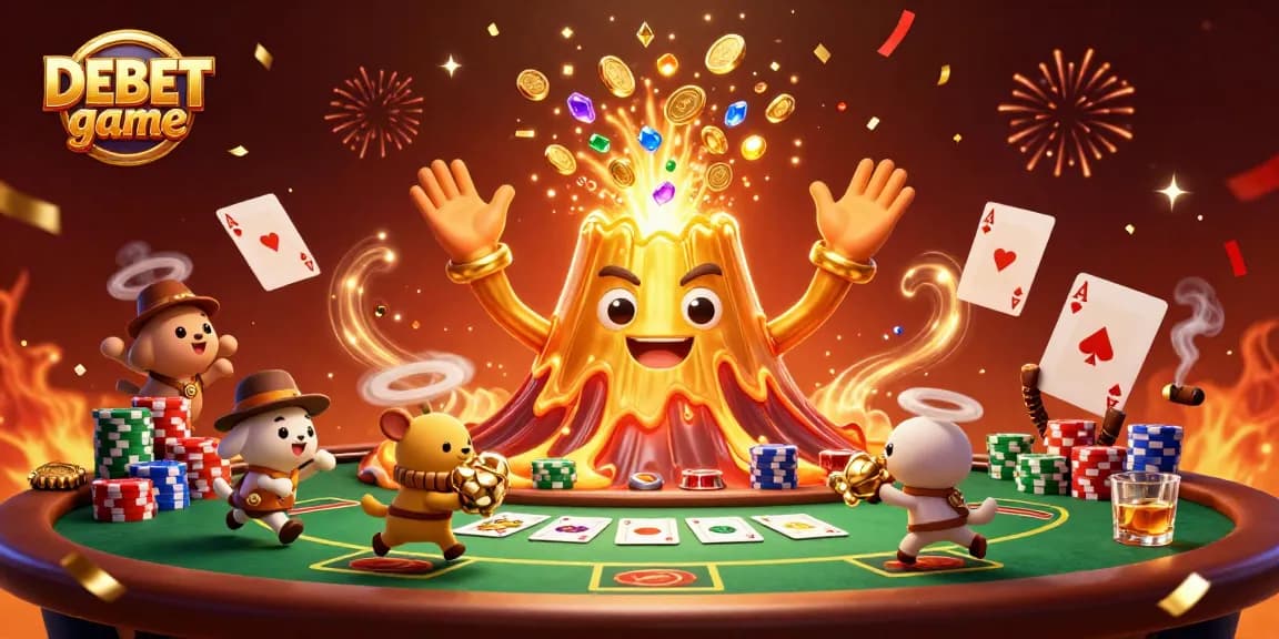 Experience thrilling moments in the DEBET game with golden volcano and treasures erupting at the poker table.