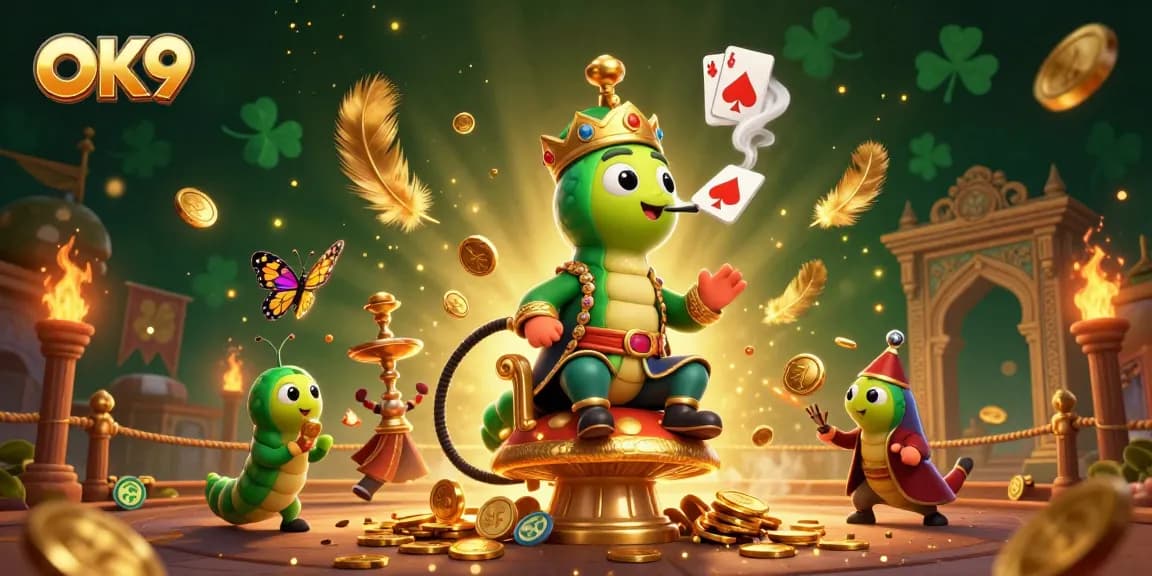 Engage in thrilling gameplay at OK9 with the caterpillar hookah-master surrounded by golden coins and ember particles.