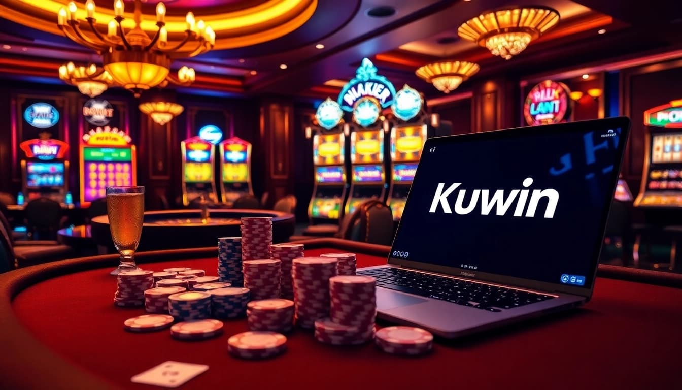 Kuwin casino scene with a luxurious poker table and vibrant slot machines.