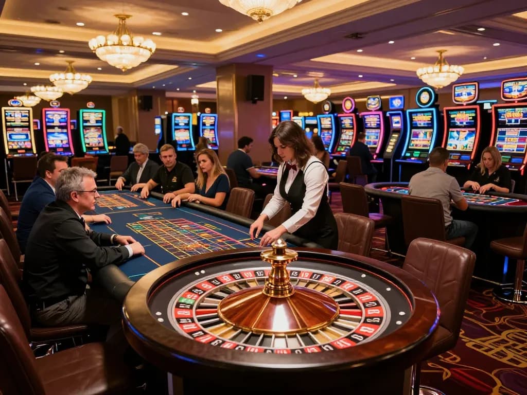 kp88220 players engaging at a luxury roulette table in a high-end casino environment