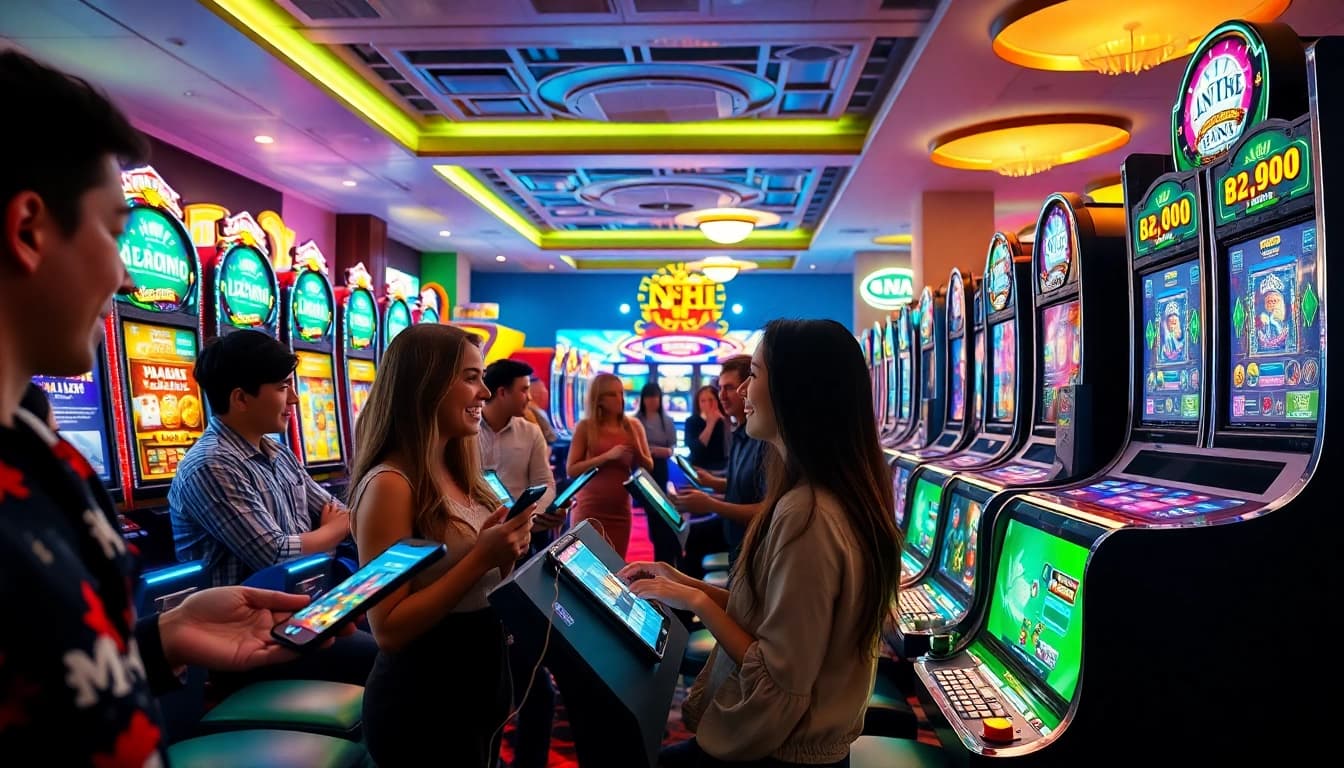 Nổ Hũ gaming environment with enthusiastic players enjoying vibrant slot machines and tables.