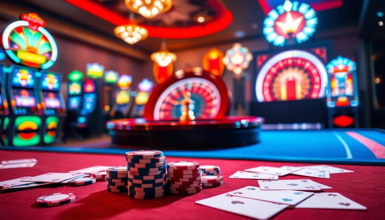 Engage with win678 vip at an opulent casino table, filled with cards and vibrant slot machines.