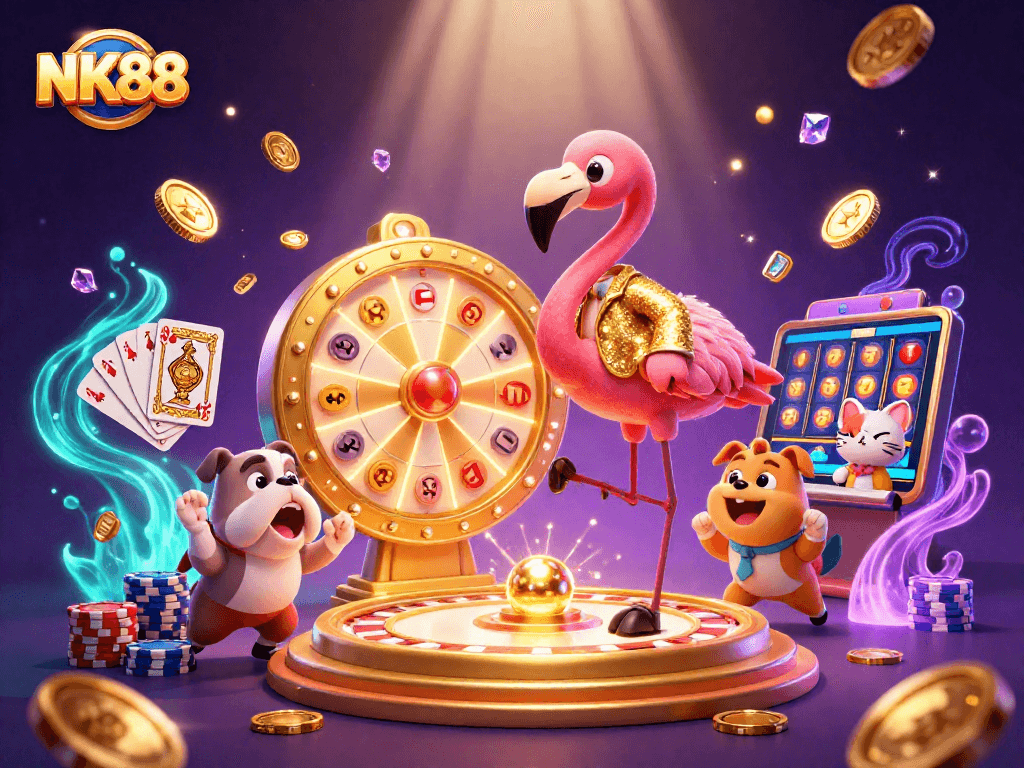 Experience excitement at NK88 with a flamingo host, puppy contestant, and dazzling casino elements!