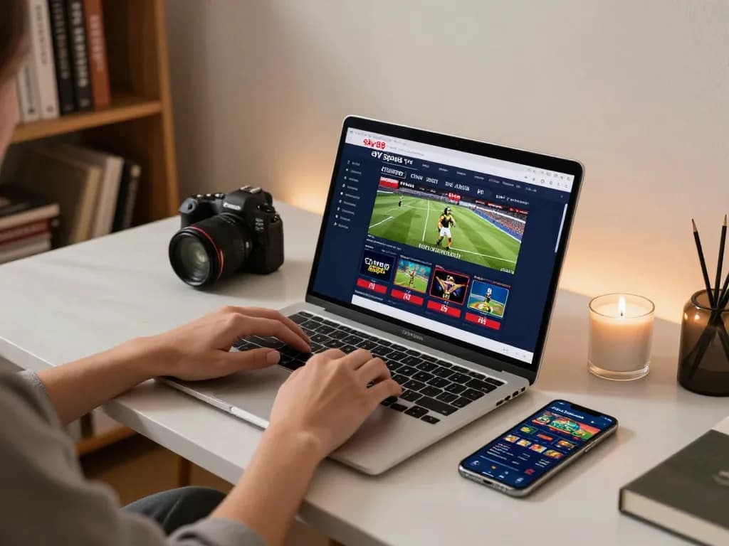 Placing strategic bets on sky88 tv in a luxurious online gaming setup with laptop.