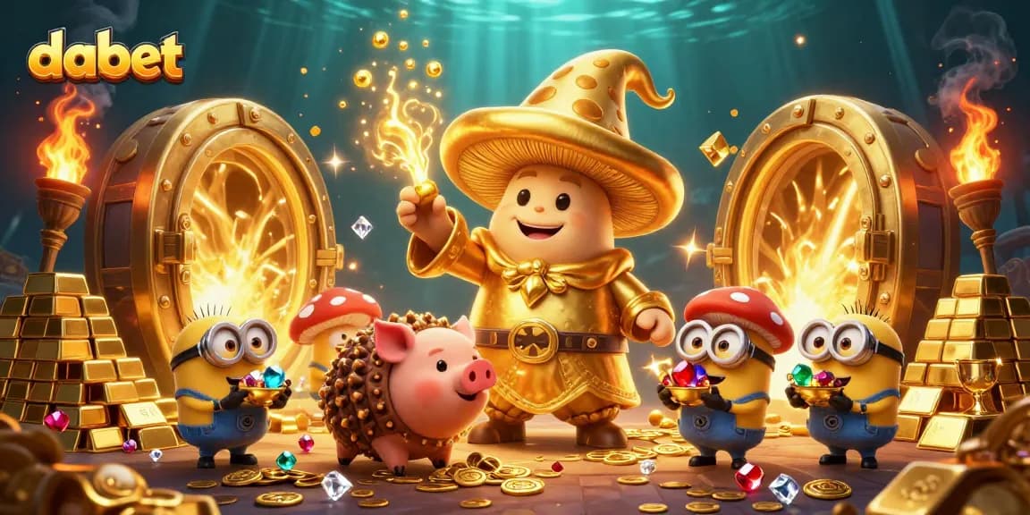 dabet's golden mushroom wizard casting magic in a vibrant casino treasure scene filled with gems.