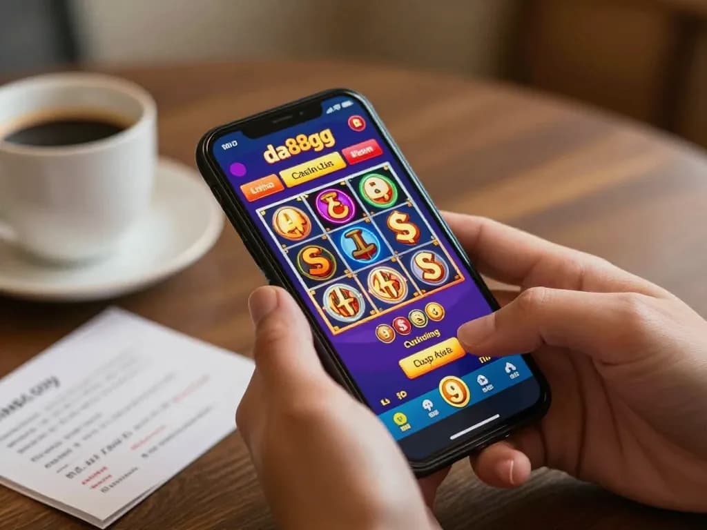 Engaging with da88gg casino app on a smartphone, showcasing vibrant slot games and strategic betting.