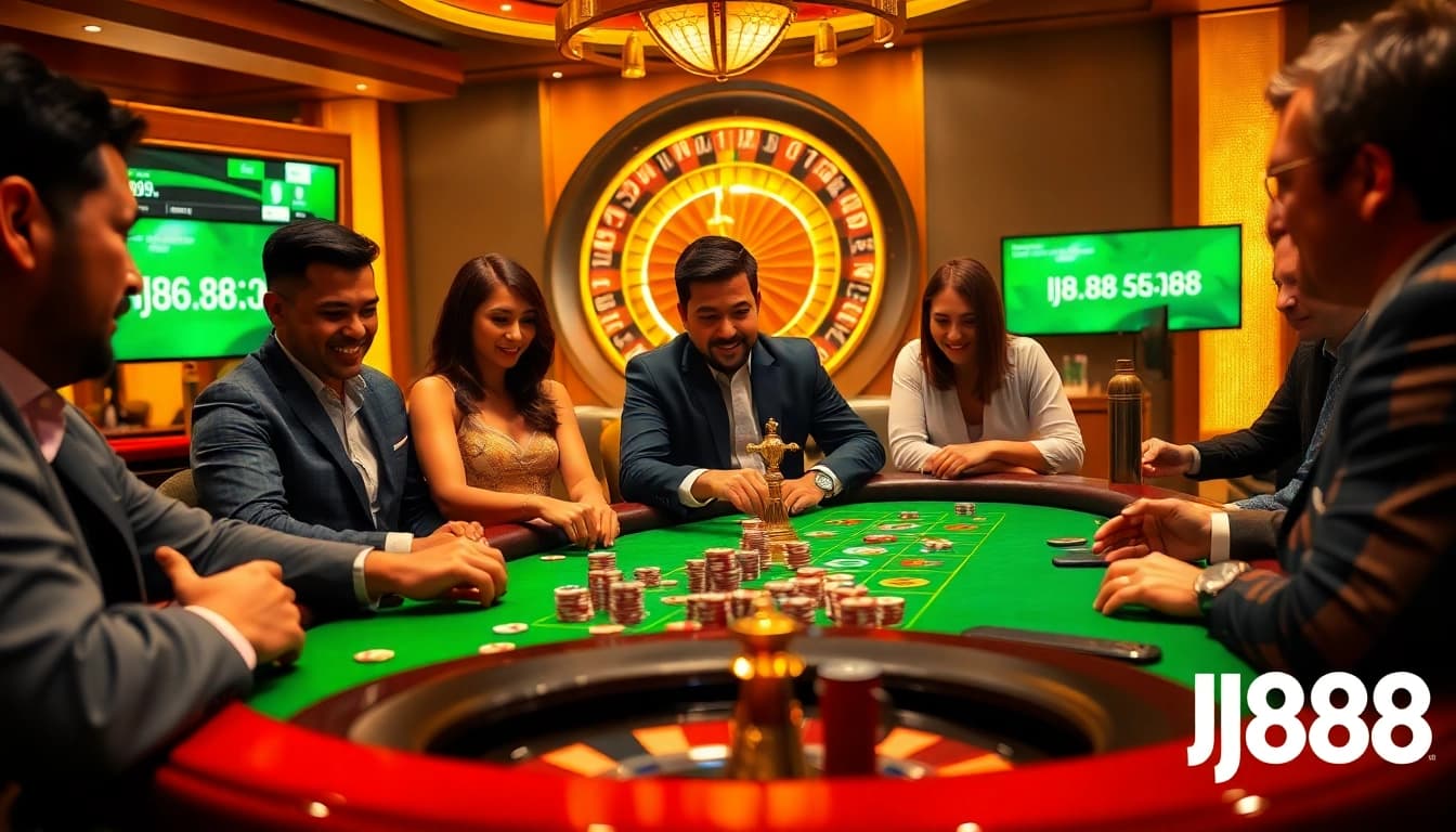 Experience thrilling gameplay at BJ88's elegant casino table with vibrant betting action.