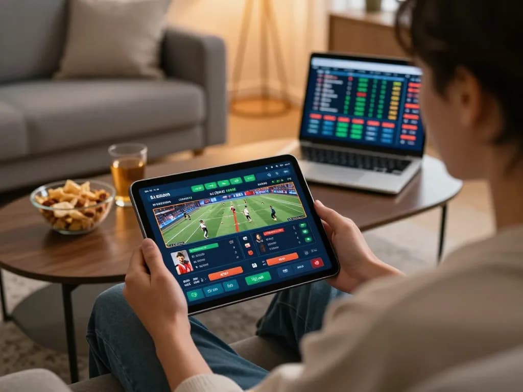 Engaged user explores mm88 sports betting options on a tablet in cozy home setting.