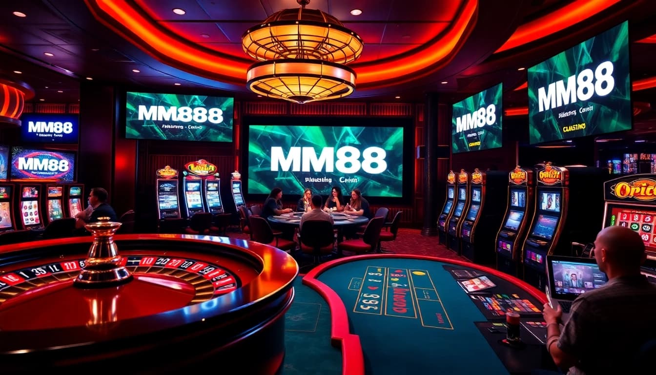 MM88 gaming interface featuring poker chips and a roulette wheel in a thrilling casino scene.