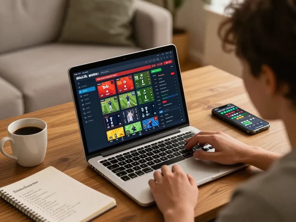 Piazzare scommesse su siti scommesse non AAMS utilizzando un laptop mentre si analizzano le quote di mercato.