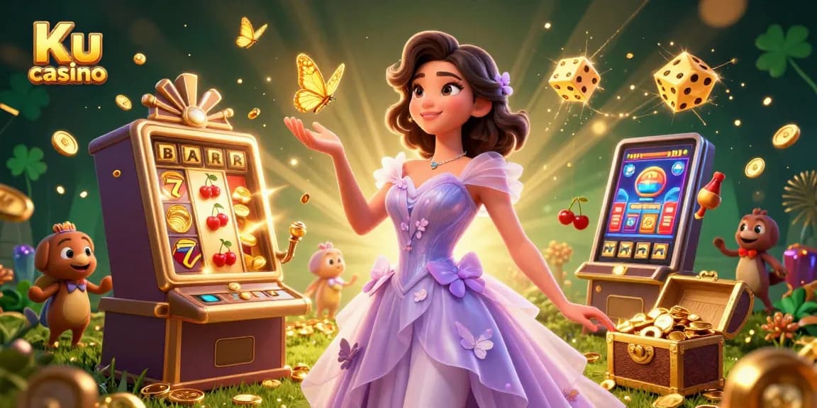 Experience excitement at Ku casino with a vibrant illustration of a golden jackpot and casino games.