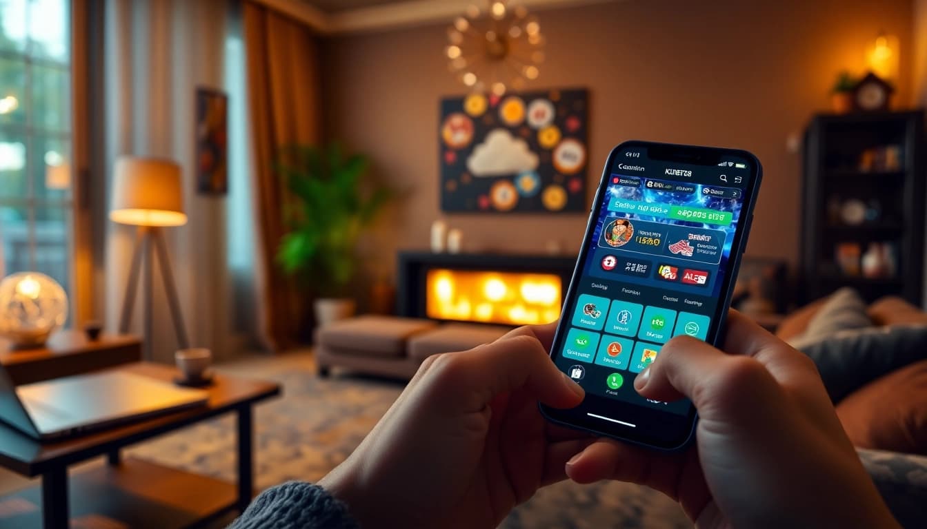 Nạp Tiền KUBET88 – Bước Thiết Yếu Để Trải Nghiệm Giải Trí, showcasing a user-friendly smartphone app in a cozy living room, emphasizing convenience in online gambling.