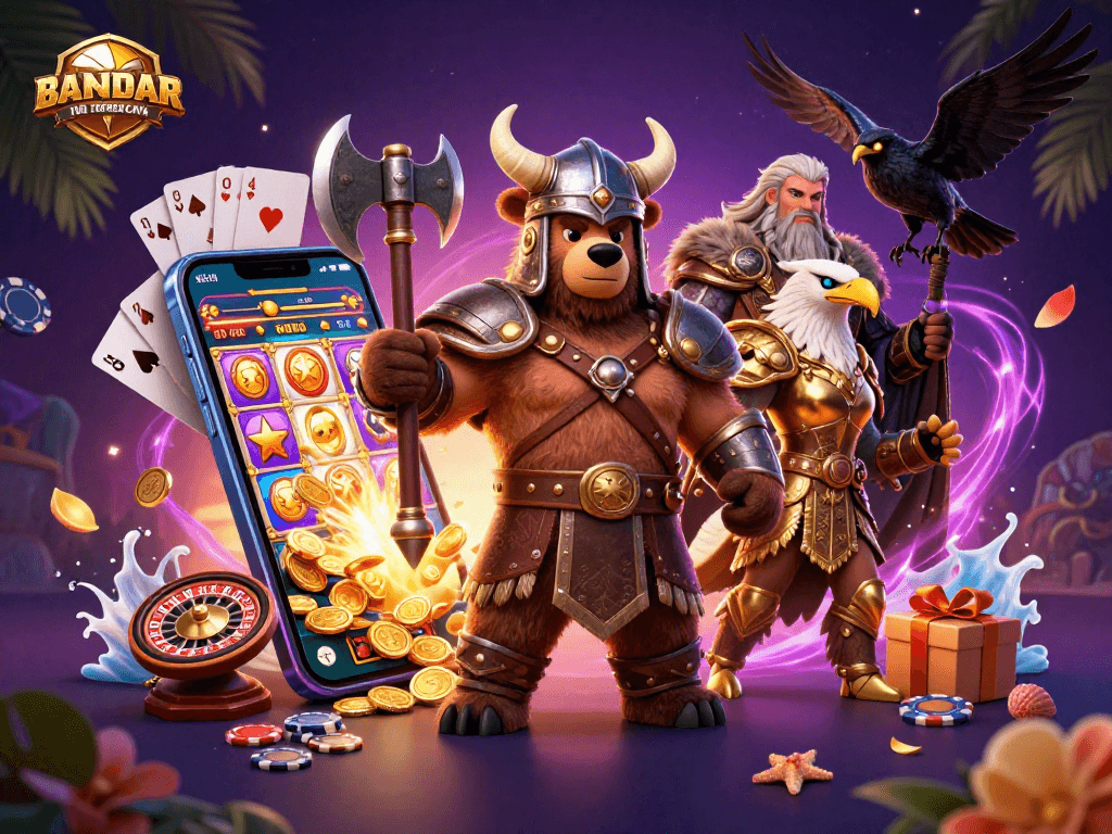 BANDAR TOGEL TERPERCAYA showcases vibrant slot game action with a Viking bear and Valkyrie eagle.