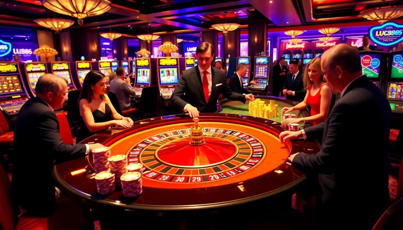 U888 roulette table bustling with action, featuring vibrant chips and professional dealer.