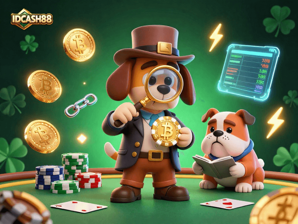 Engage with IDCASH88's dynamic poker gaming scene featuring cartoon detectives and cryptocurrency clues.