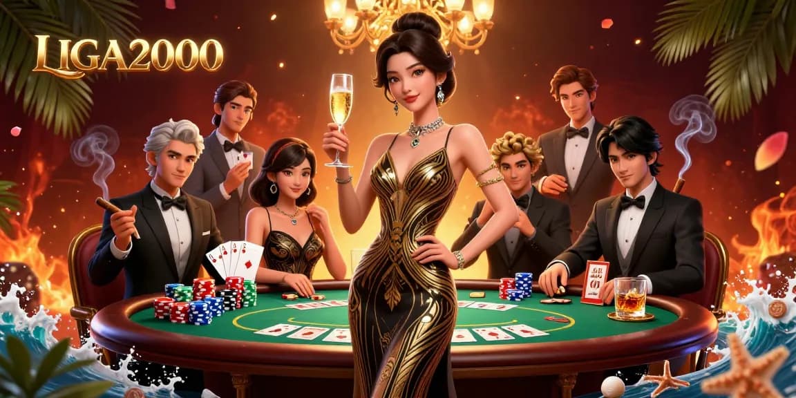 LIGA2000 menawarkan kegembiraan bermain yang mendebarkan dengan ilustrasi glamor dari adegan kasino yang menampilkan elemen poker yang dinamis.
