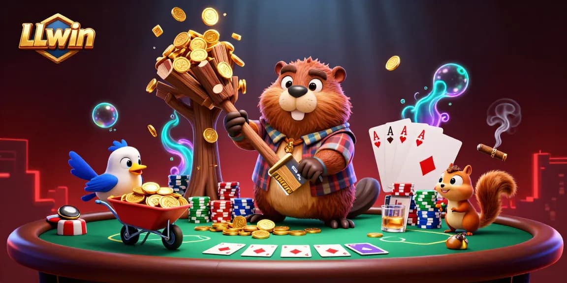 LLwin invites players to enjoy games with golden coin rain in a vibrant casino-themed illustration.