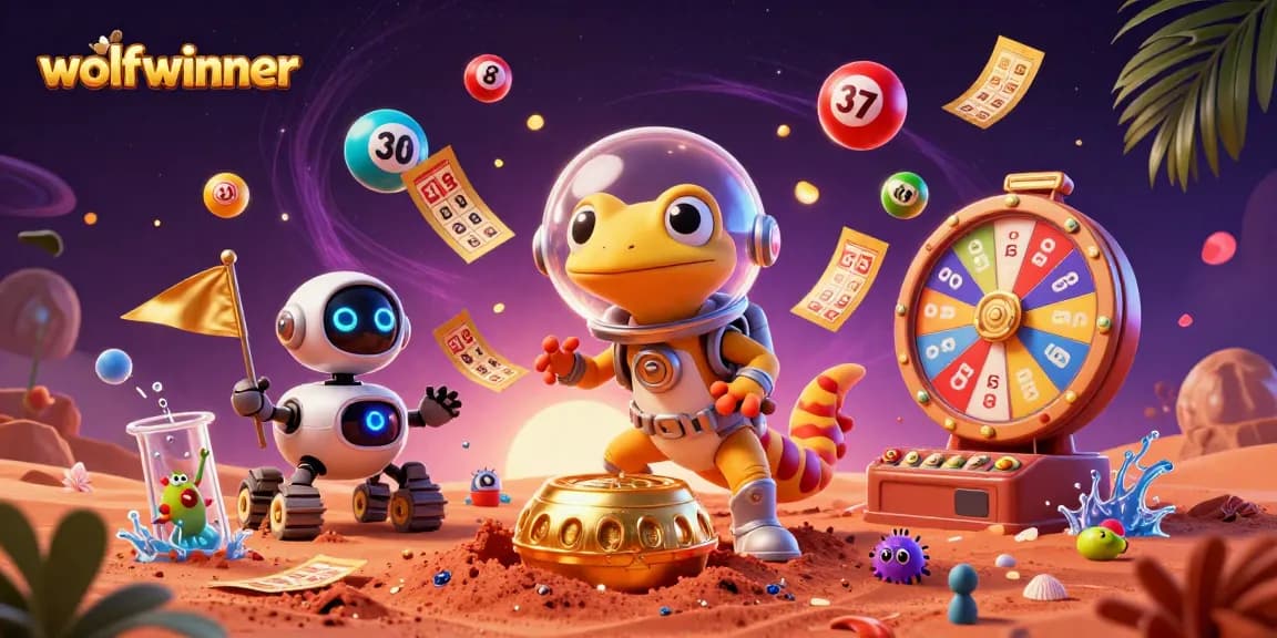wolfwinner showcases a Martian gecko discovering a golden casino, with vibrant lottery elements cascading.