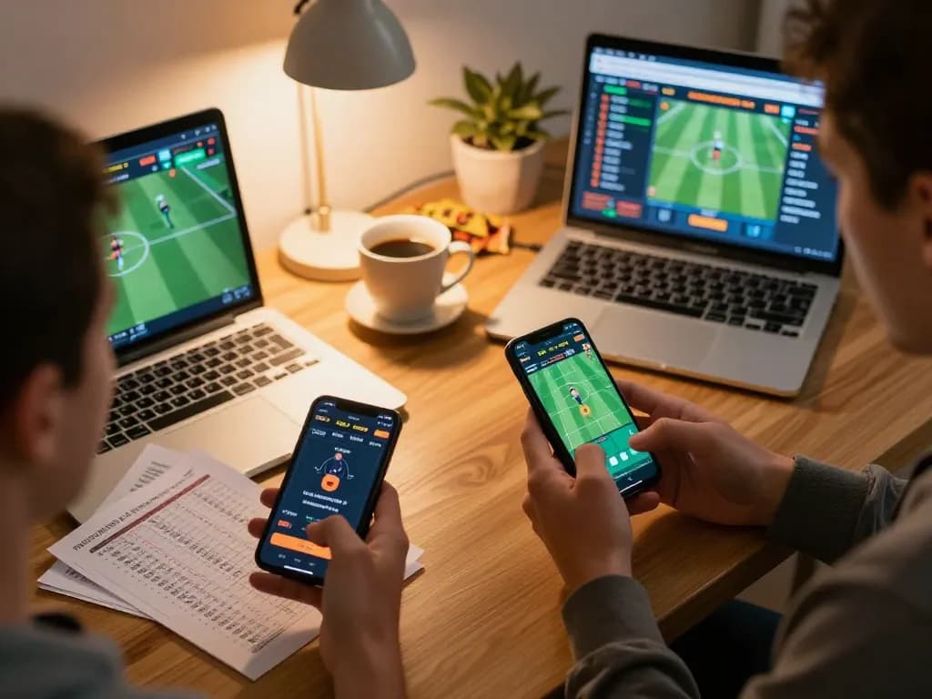 Các vận động viên đang sử dụng ứng dụng 12bet để cá cược thể thao trực tuyến từ một văn phòng làm việc tại nhà ấm cúng.
