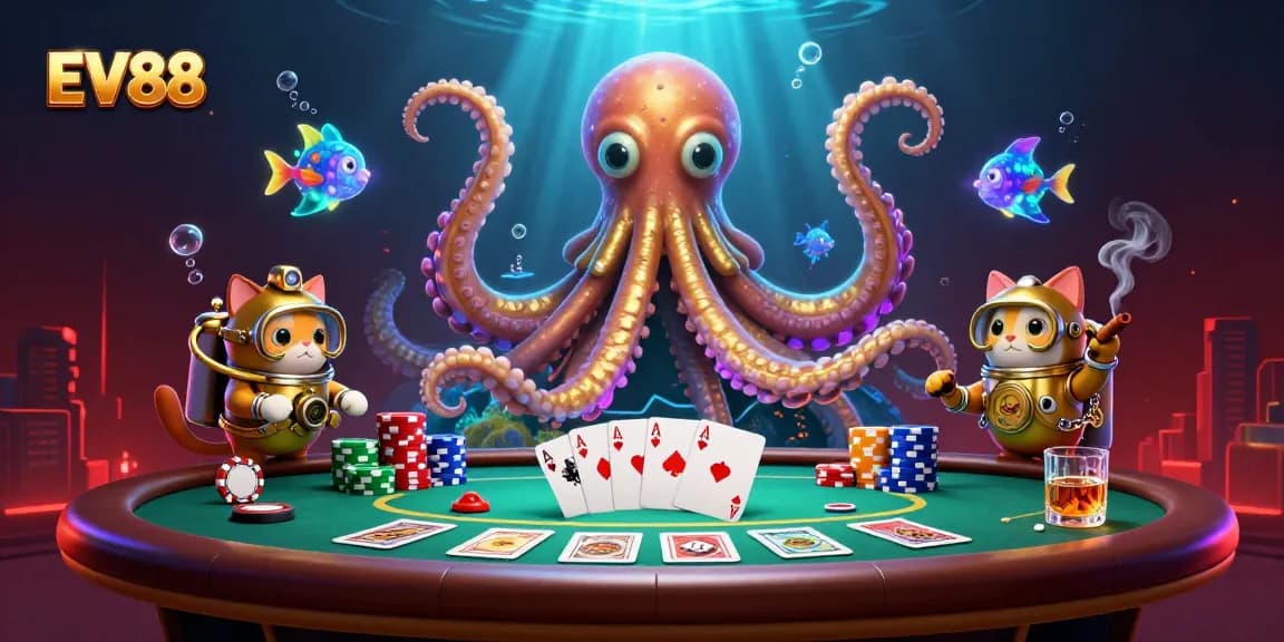 Engage in thrilling gameplay at EV88 with a magical kraken and an adventurous diving cat.
