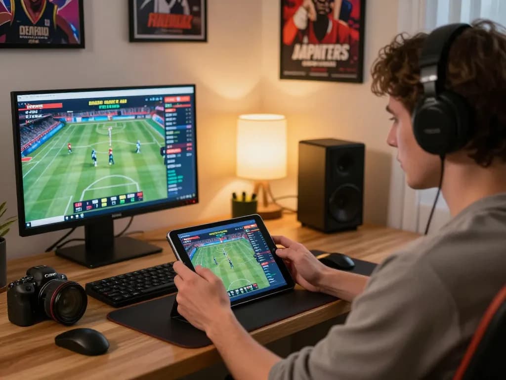 Engaging in sports betting on a tablet, showcasing mk8th's exciting sportsbook interface and vibrant home setting
