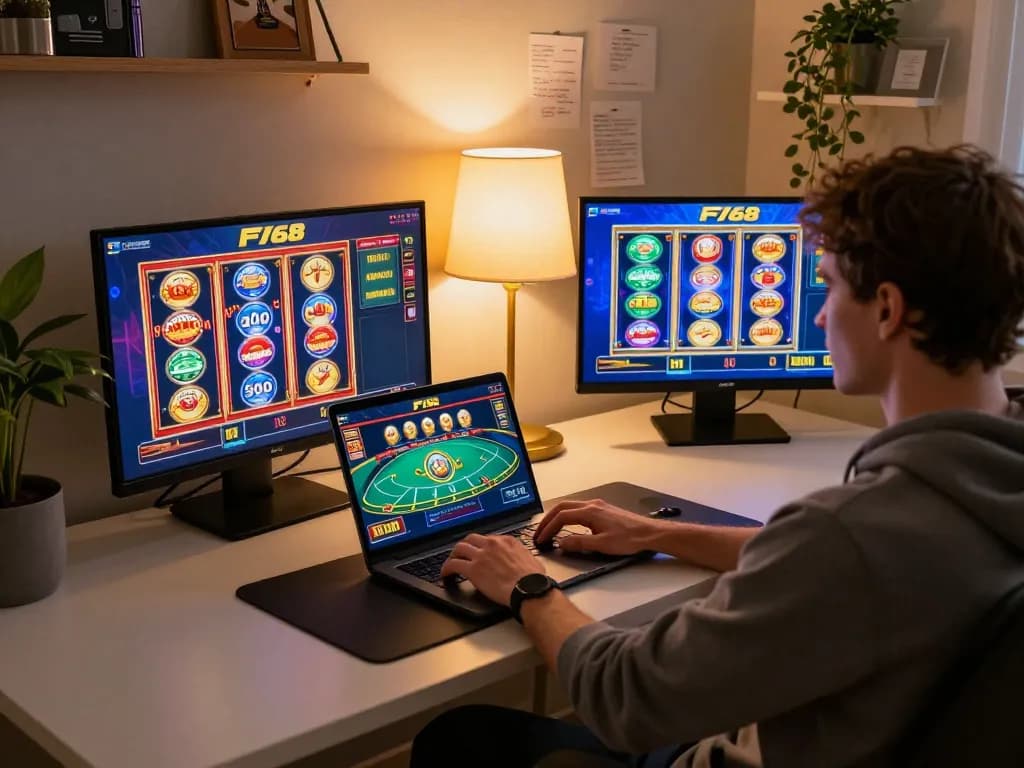 Engaged user enjoying F168 online casino gaming session at home, showcasing vibrant slots interface.