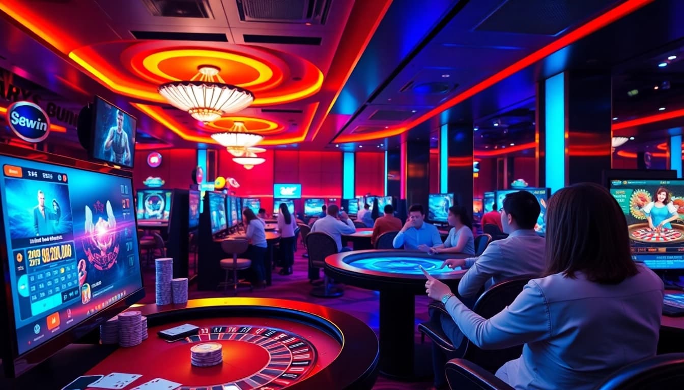 Exciting gaming atmosphere at 98win online casino with vibrant screens and players engaged.
