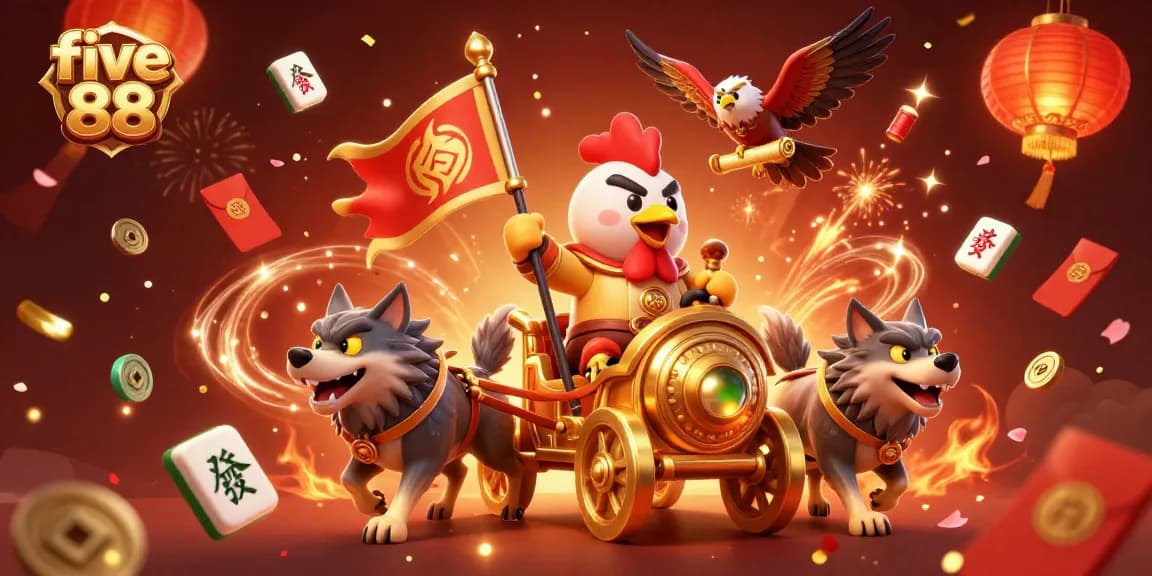 Engage with five 88's thrilling gaming world through a vivid 3D scene featuring a rooster warlord, enhancing the casino experience.