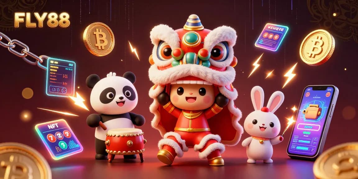 Spin slots and win at FLY88 with vibrant characters celebrating wins amidst crypto elements.