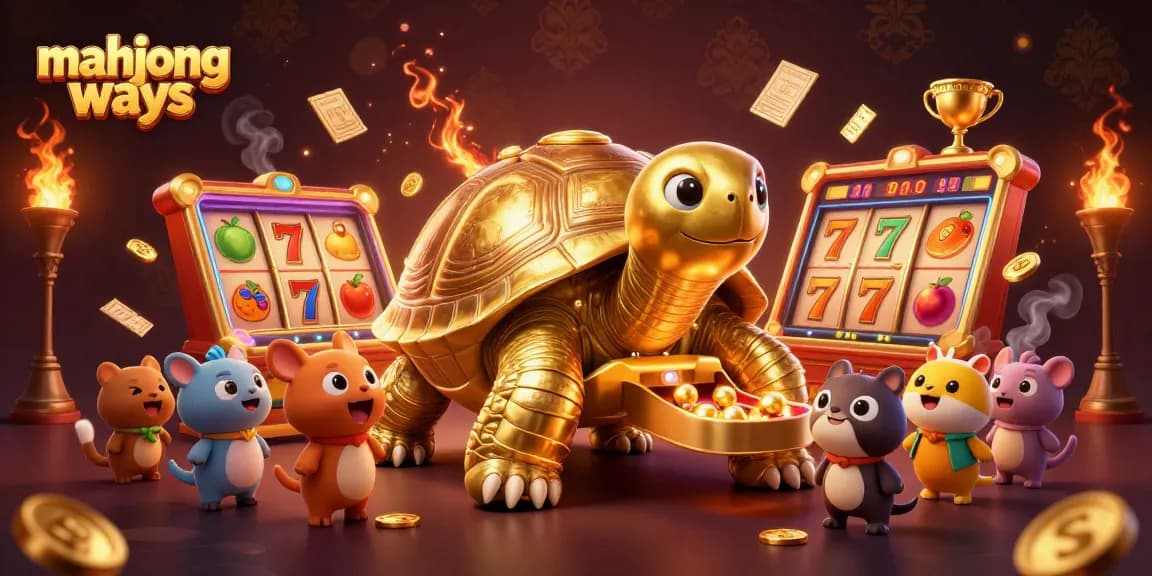 Experience mahjong ways with captivating slot reels and golden tortoise in this engaging illustration.