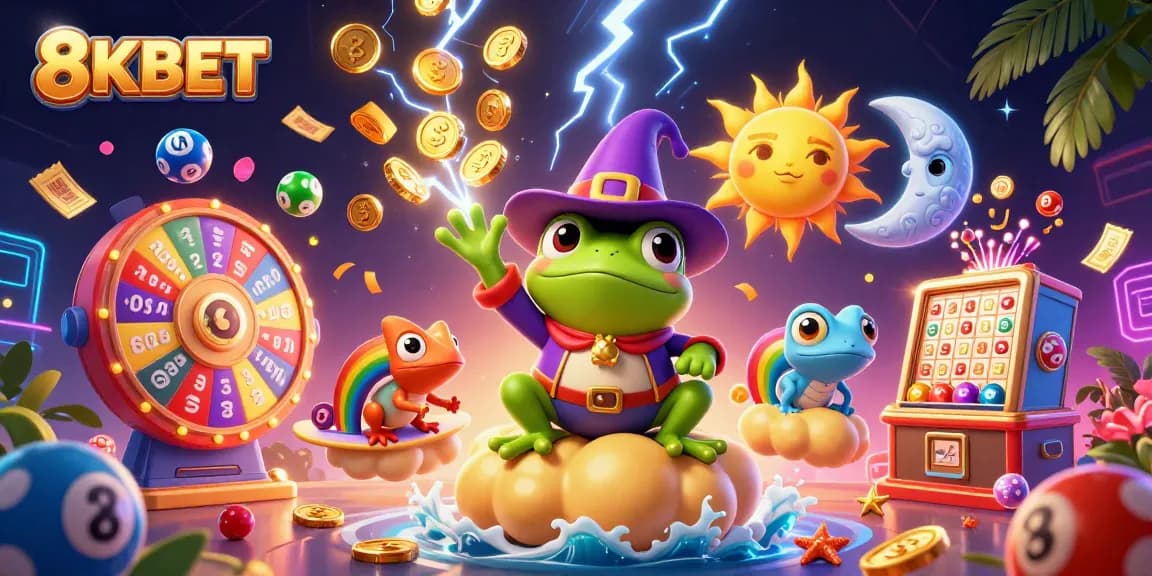 Win big with 8KBET while the wizard frog conjures a storm of treasures in this vibrant casino scene.