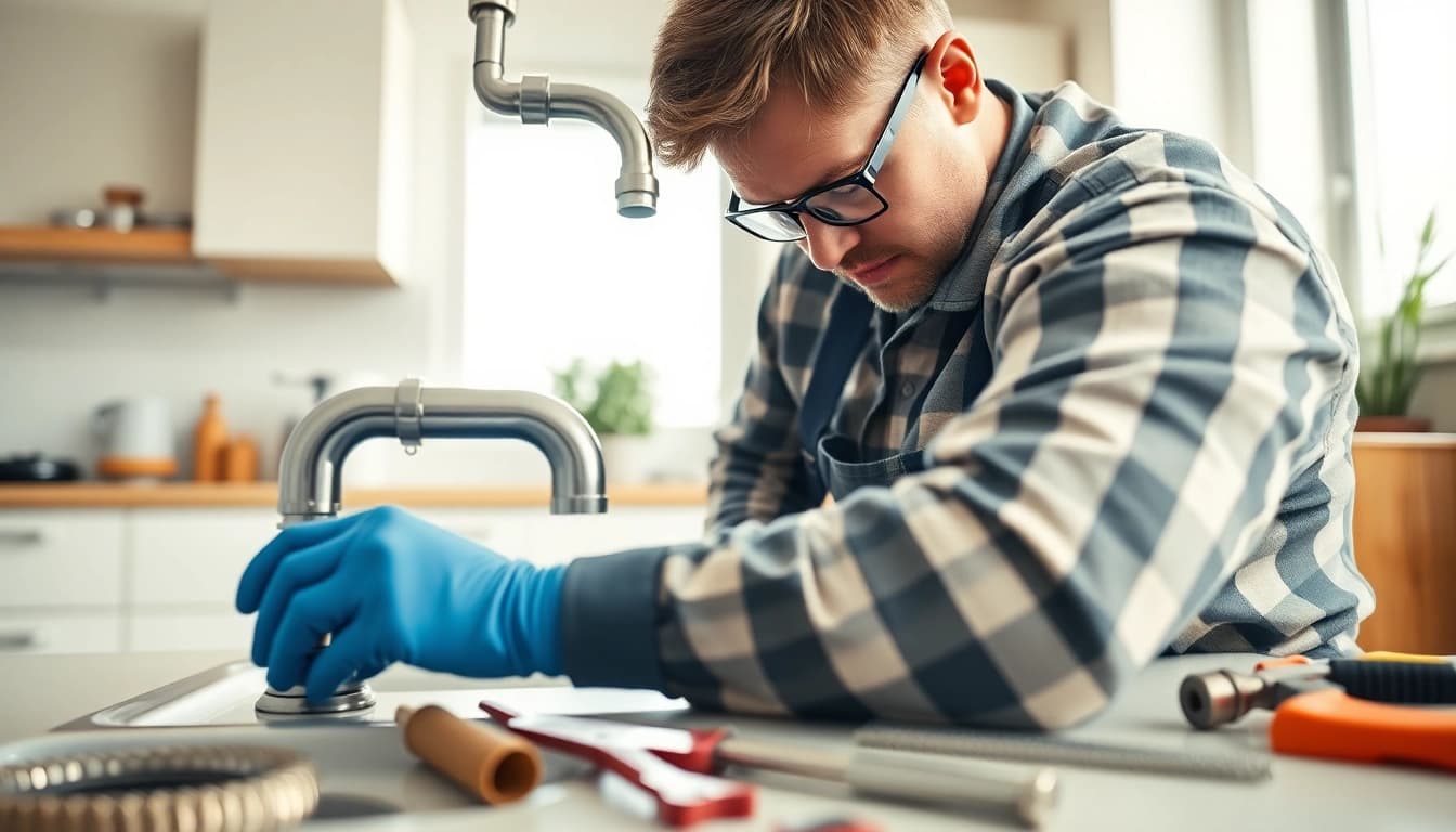 Find a plumber near me fixing a kitchen sink with tools in a bright home.