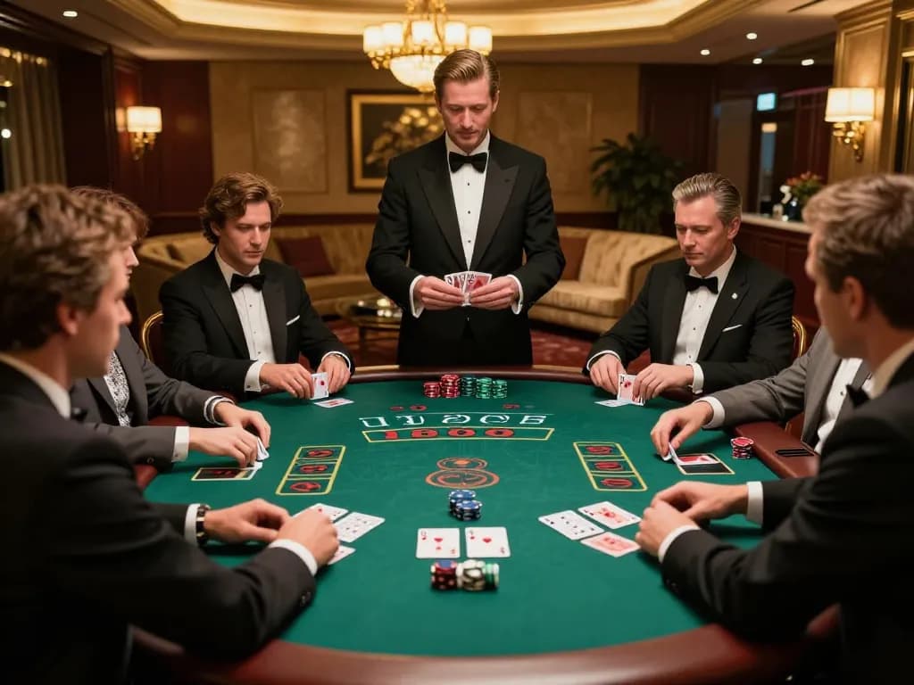 Players strategizing at the 33winn blackjack table, a thrilling atmosphere in an upscale casino.