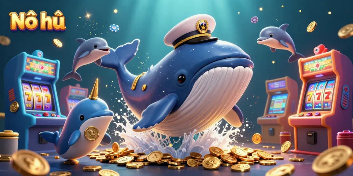Nổ hũ gaming scene with a whale captain, narwhal, and dolphins amidst slot reels and coins.