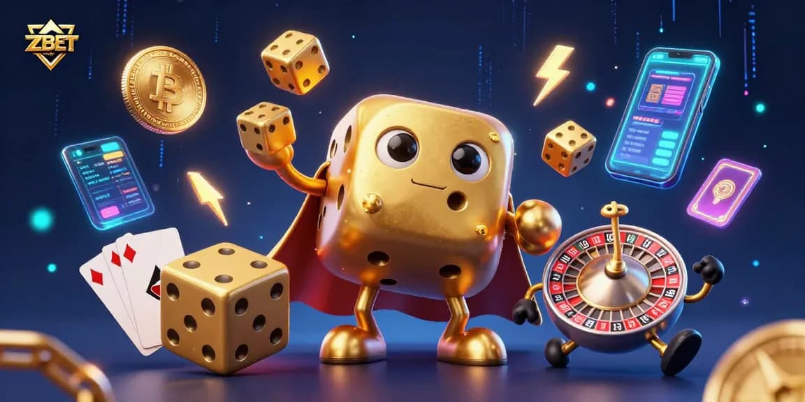ZBET showcases dynamic 3D cartoon characters in a vibrant gaming scene filled with crypto elements.