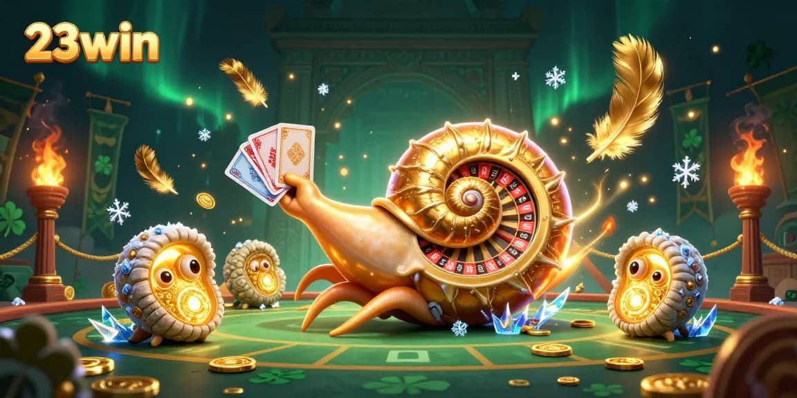 Engage with thrilling action at 23win, featuring an ancient nautilus roulette wheel and glowing cards.