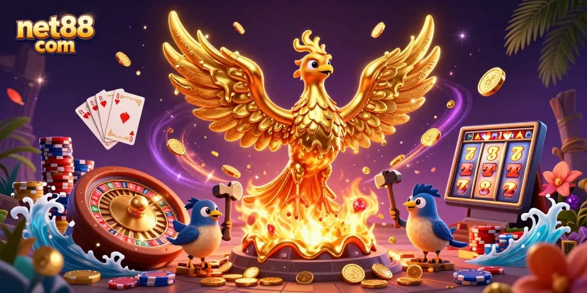 Experience the excitement of net88 com with a rich 3D scene of a molten phoenix amidst casino elements.