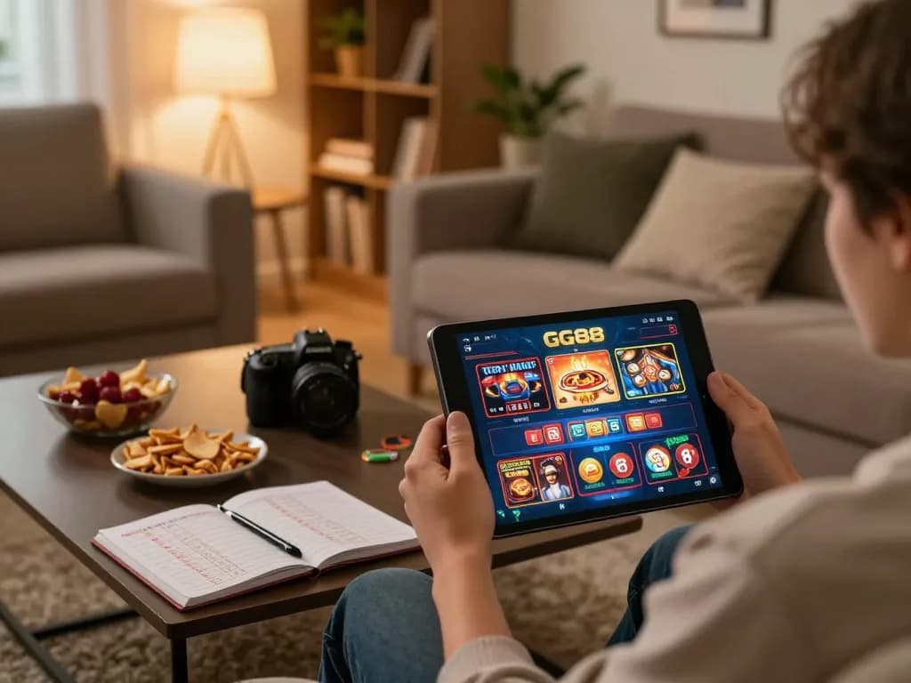 This scene shows a player engaging with the GG88 casino app, exploring betting strategies in a cozy home setting.