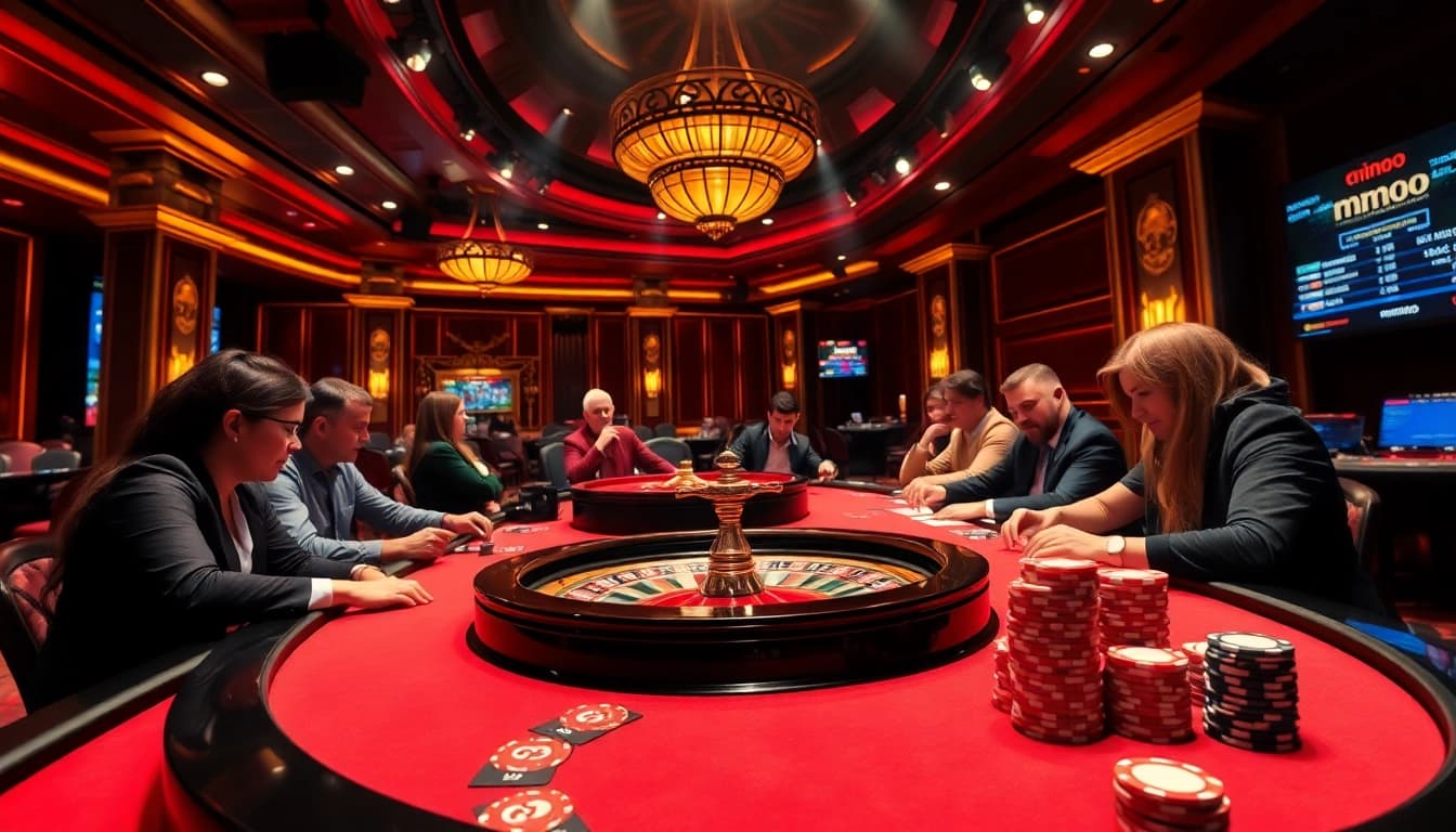 Experience thrilling poker action at MMOO casino with vibrant tables and colorful chips.