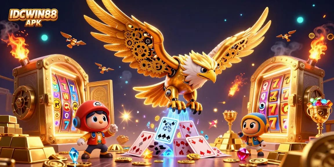 IDCWIN88 APK showcases an exhilarating scene of a cybernetic eagle and treasure amidst thrilling slot games.