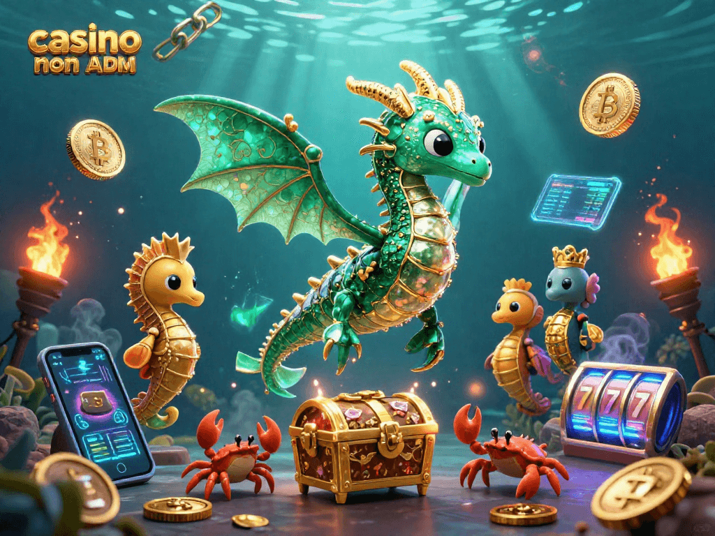 Visualizza la scena di un fantastico casinò non ADM con drago marino e simboli di gioco.