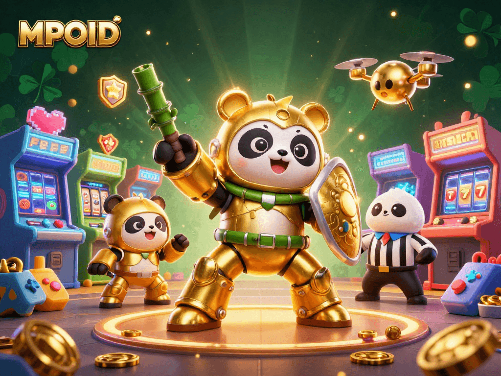 Experience the thrill of MPOID with a vivid 3D illustration depicting a mech-suit panda in an electrifying arcade arena filled with casino elements.