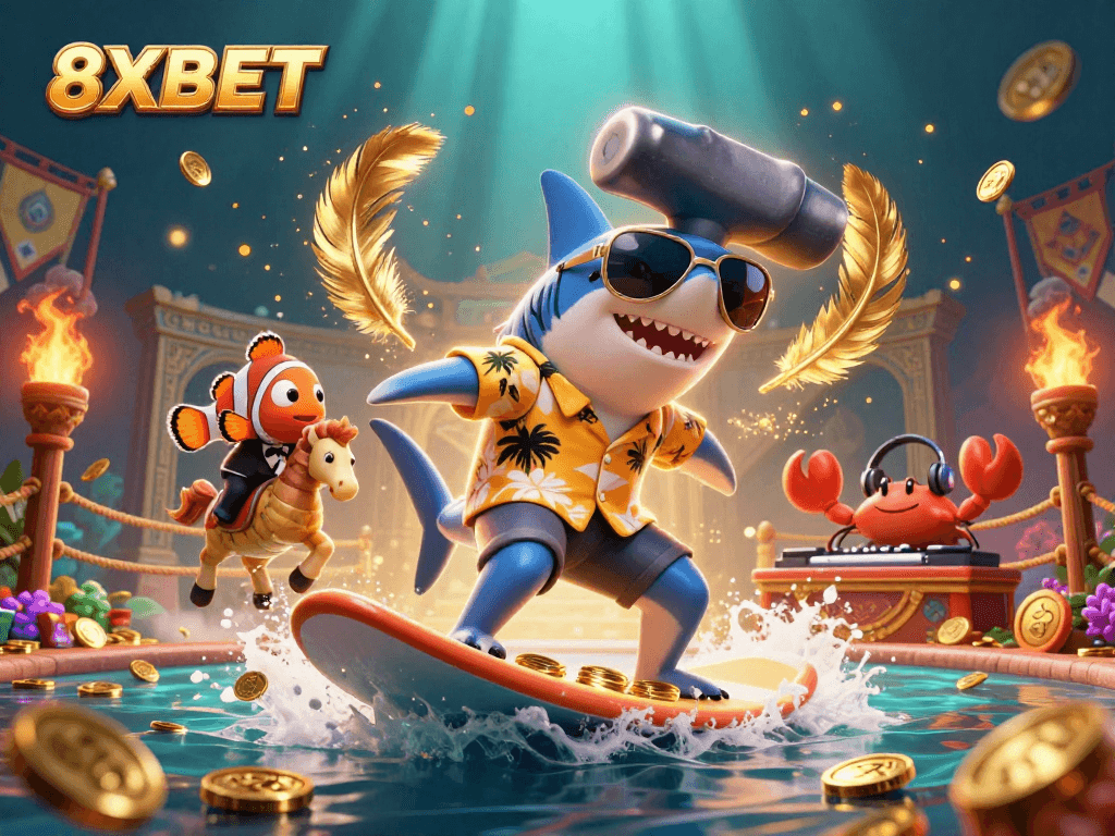 Engage with the thrilling 8XBET adventure featuring a shark, clownfish, and crab amidst a vibrant casino scene.